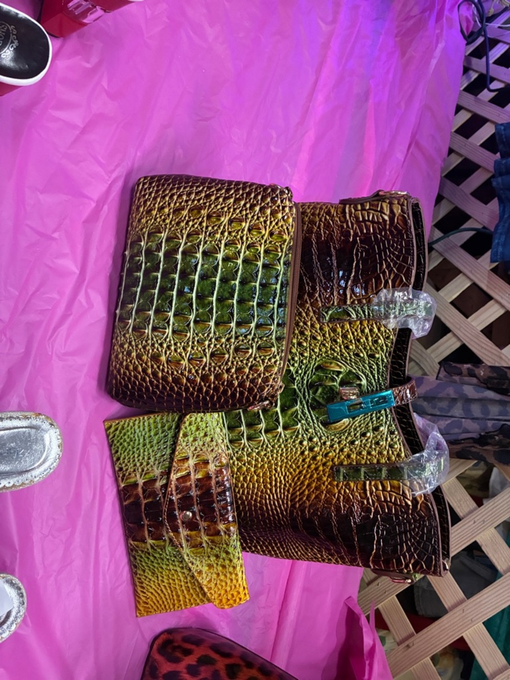 Iridescent Croc-Embossed Tote and Wallet Set - Green/Gold/Brown